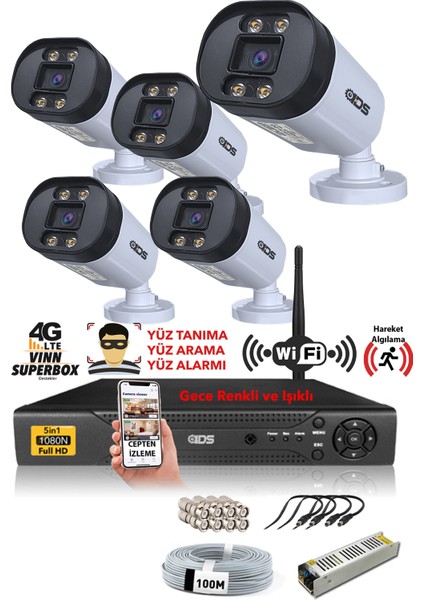 DS-2032HD-WL-SET5-NOHDD 5 Kameralı 5mp Lensli 1080P Fullhd Gece Renkli Full Kamera Seti