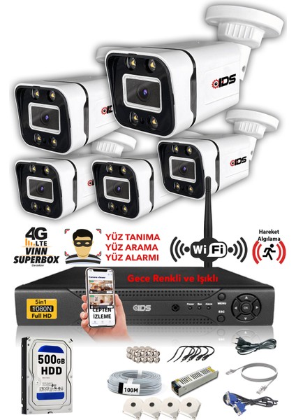 - 5 Kameralı 5mp Sony Lensli 1080P Fullhd Gece Renkli Full Kamera Seti - Su Geçirmez - Cepten İzle