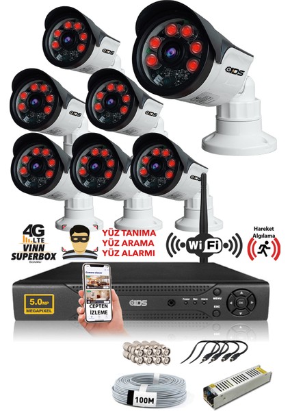 - 7 Kameralı 5 Mp Sony Lensli 1080P Full HD Güvenlik Kamerası Sistemi - Hard Disksiz