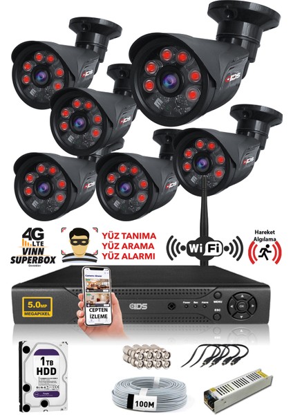 6 Kameralı 5 Mp Sony Lensli 1080P Full HD Güvenlik Kamerası Sistemi - Cepten Izle - 1tbdış