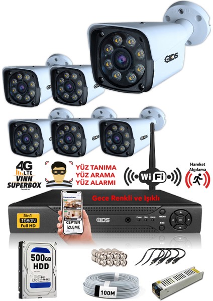 - 6 Kameralı 5mp Sony Lensli 1080P Fullhd Gece Renkli Kamera Seti - Su Geçirmez - Cepten İzle