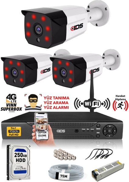 - 3 Kameralı 5mp Sony Lensli 1080P Fullhd Güvenlik Kamerası Sistemi - Cepten İzle - 250DIŞ