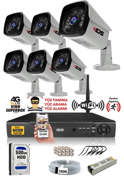 6 Kameralı 5mp Sony Lensli 1080P Fullhd Güvenlik Kamerası Sistemi - Cepten Izle - 500DIŞ