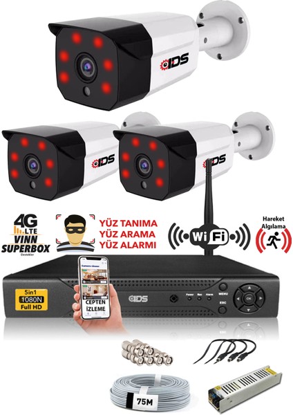 - 3 Kameralı 5mp Sony Lensli 1080P Fullhd Güvenlik Kamerası Sistemi - Hard Disksiz