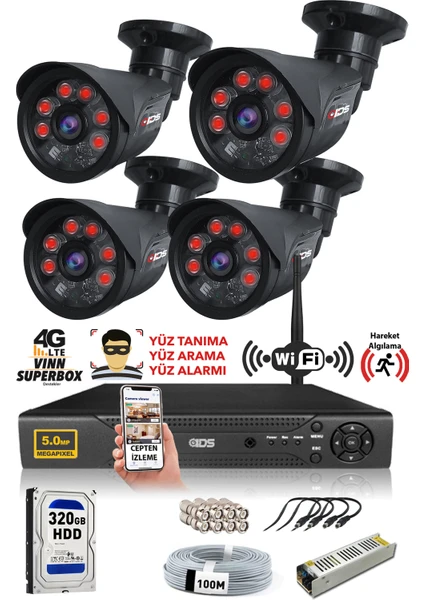 Ids 4 Kameralı Set - 5mp Sony Lensli Full Hd Gece Görüşlü Güvenlik Kamerası Sistemi - Cepten Izle