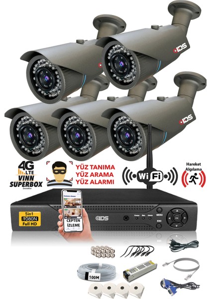 - 5 Kameralı 5 Mp Sony Lensli 1080P Full HD Güvenlik Kamerası Sistemi - Hard Disksiz