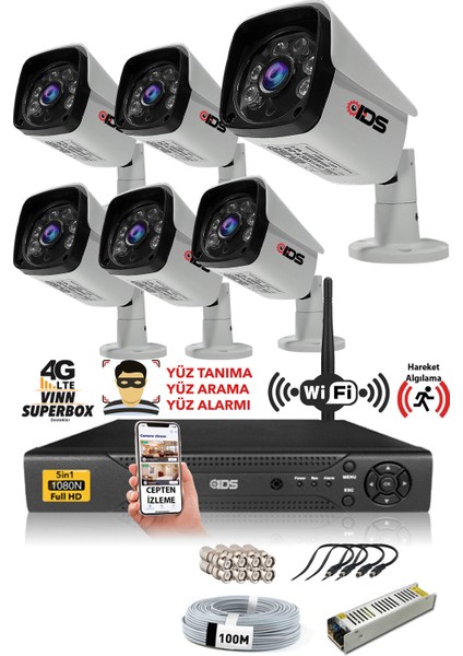 - 6 Kameralı 5 Mp Sony Lensli 1080P Full HD Güvenlik Kamerası Sistemi - Hard Disksiz