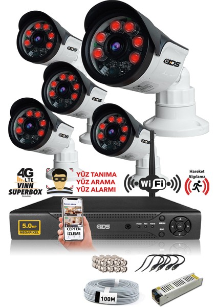 - 5 Kameralı 5 Mp Sony Lensli 1080P Full HD Güvenlik Kamerası Sistemi - Hard Disksiz