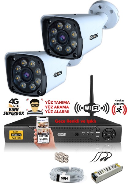 - 2 Kameralı 5mp Sony Lensli 1080P Fullhd Gece Renkli Full Kamera Seti - Su Geçirmez - Cepten İzle