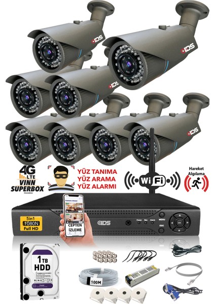 - 8 Kameralı 5 Mp Sony Lensli 1080P Full HD Güvenlik Kamerası Sistemi - Cepten İzle - 1 TB Dış