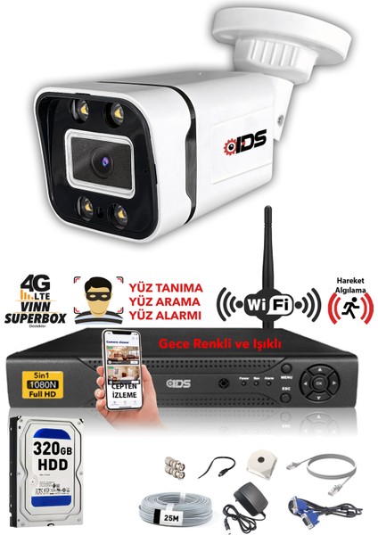 - 1 Kameralı 5mp Sony Lensli 1080P Fullhd Gece Renkli Full Kamera Seti - Su Geçirmez - Cepten İzle