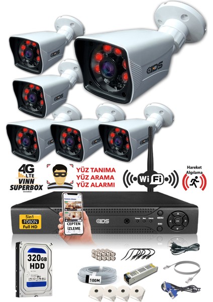 6 Kameralı 5mp Lensli 1080P Fullhd Kamera Seti - Gece Görüşlü - Su Geçirmez - Cepten Izle
