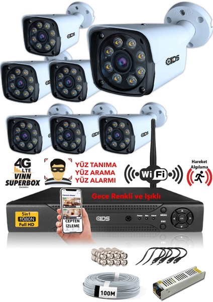 - 7 Kameralı 5mp Sony Lensli 1080P Fullhd Gece Renkli Full Kamera Seti - Su Geçirmez - Cepten İzle