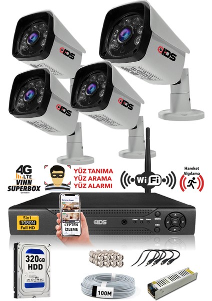 4 Kameralı Set - 5 Mp Sony Lensli Full HD Gece Görüşlü Güvenlik Kamerası Sistemi 320 Dış