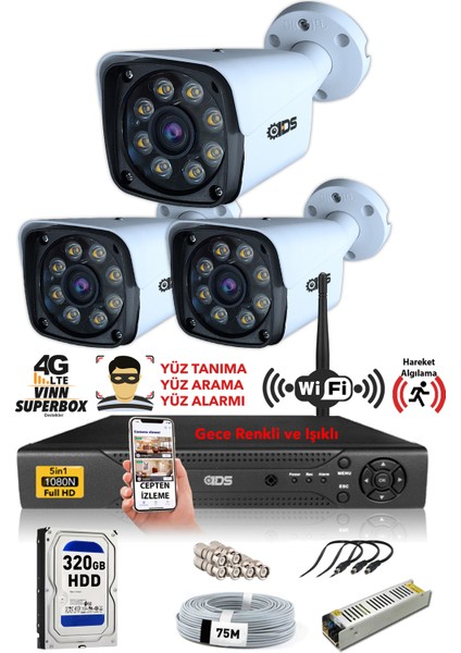 - 3 Kameralı 5mp Sony Lensli 1080P Fullhd Gece Renkli Kamera Seti - Su Geçirmez - Cepten Izle