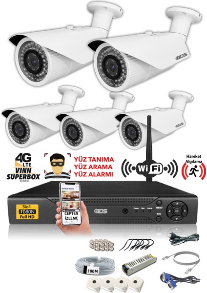 - 5 Kameralı 5 Mp Sony Lensli 1080P Full HD Güvenlik Kamerası Sistemi - Hard Disksiz