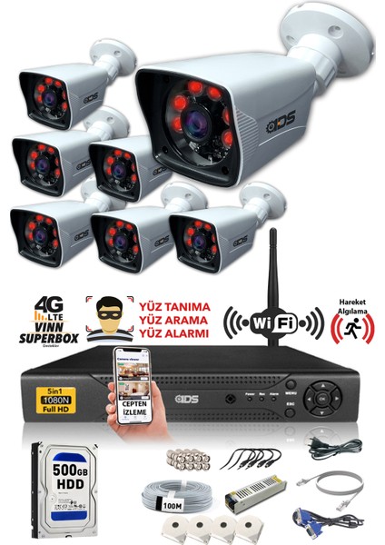 7 Kameralı 5MP Sony Lensli 1080P Full HD Güvenlik Kamerası Sistemi - Cepten İzle - 500 Dış