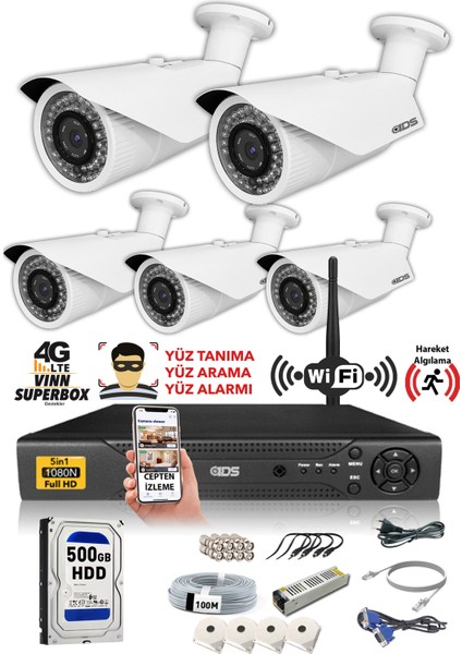 - 5 Kameralı 5 Mp Sony Lensli 1080P Full HD Güvenlik Kamerası Sistemi - Cepten İzle - 500 Dış