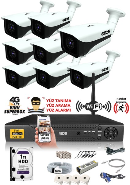 - 8 Kameralı 5 Mp Sony Lensli 1080P Full HD Güvenlik Kamerası Sistemi - Cepten İzle - 1 TB Dış
