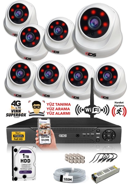 8 Kameralı 5mp Sony Lensli 1080P Fullhd Güvenlik Kamerası Sistemi - Cepten Izle - 1tb Iç