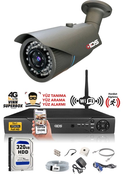 1 Kameralı 5mp Lensli 1080P Fullhd Kamera Seti - Gece Görüşlü - Su Geçirmez - Cepten Izle