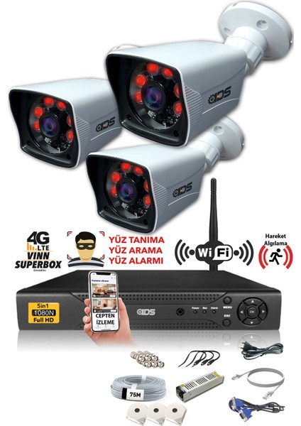 - 3 Kameralı 5 Mp Sony Lensli 1080P Full HD Güvenlik Kamerası Sistemi - Hard Disksiz