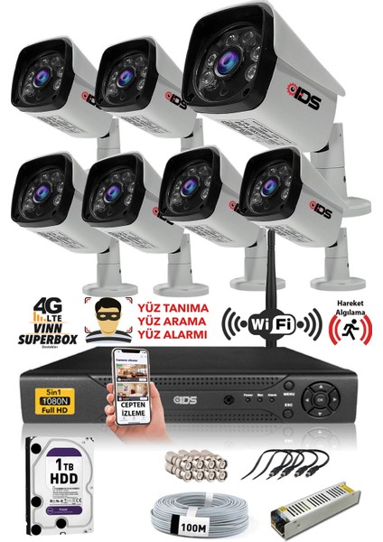 - 7 Kameralı 5 Mp Sony Lensli 1080P Full HD Güvenlik Kamerası Sistemi - Cepten İzle - 1 TB Dış