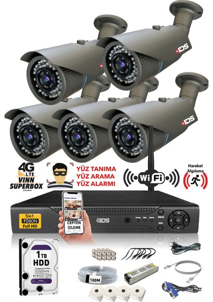 - DS-2073HD-SET5-1TB5 Kameralı 5mp Sony Lensli 1080P Fullhd Güvenlik Kamerası Sistemi - Cepten Izle - 1tb Dış