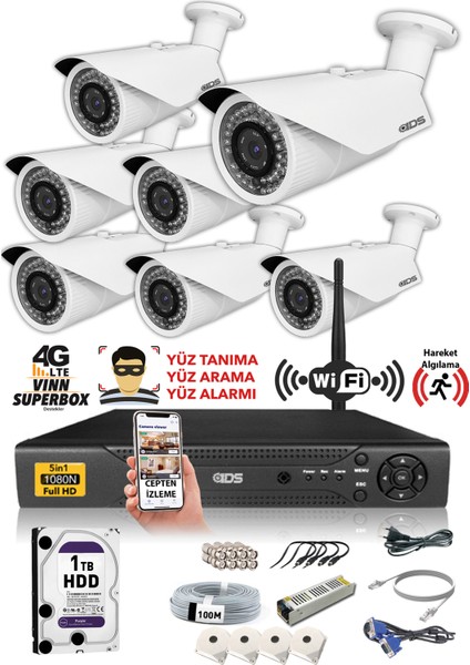 - 7 Kameralı 5 Mp Sony Lensli 1080P Full HD Güvenlik Kamerası Sistemi - Cepten İzle - 1 TB Dış