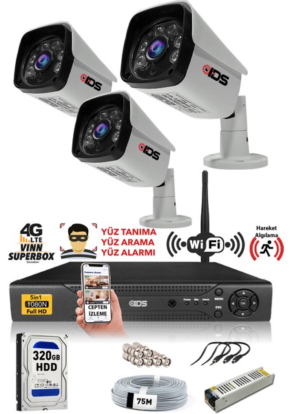 3 Kameralı Set - 5 Mp Sony Lensli Full HD Gece Görüşlü Güvenlik Kamerası Sistemi 320 Dış