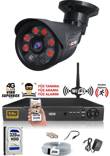 1 Kameralı Set - 5 Mp Sony Lensli Full HD Gece Görüşlü Güvenlik Kamerası Sistemi - Cepten Izle