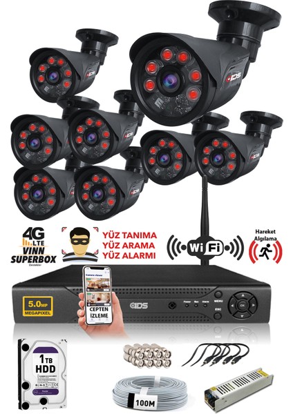 8 Kameralı 5 Mp Sony Lensli 1080P Full HD Güvenlik Kamerası Sistemi - Cepten Izle - 1tbdış