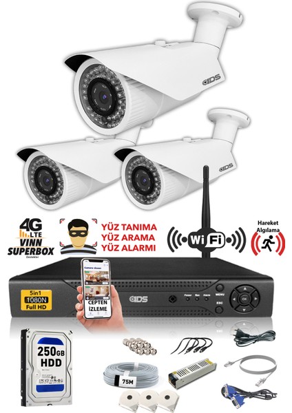 - 3 Kameralı 5 Mp Sony Lensli 1080P Full HD Güvenlik Kamerası Sistemi - Cepten İzle - 250 Dış