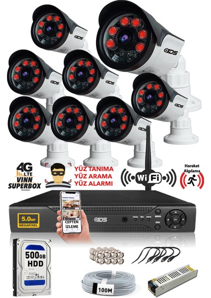 8 Kameralı 5 Mp Sony Lensli 1080P Full HD Güvenlik Kamerası Sistemi - Cepten Izle - 500DIŞ
