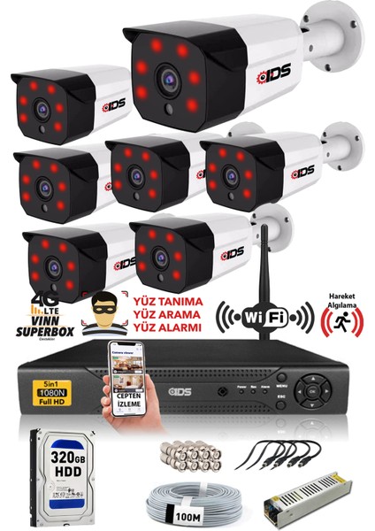 7 Kameralı Set - 5mp Sony Lensli Full Hd Gece Görüşlü Güvenlik Kamerası Sistemi 320 Dış