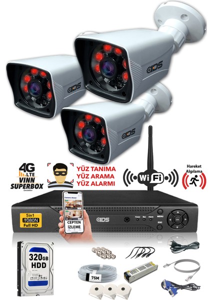 3 Kameralı 5 Mp Lensli 1080P Full HD Kamera Seti - Gece Görüşlü - Su Geçirmez - Cepten İzle