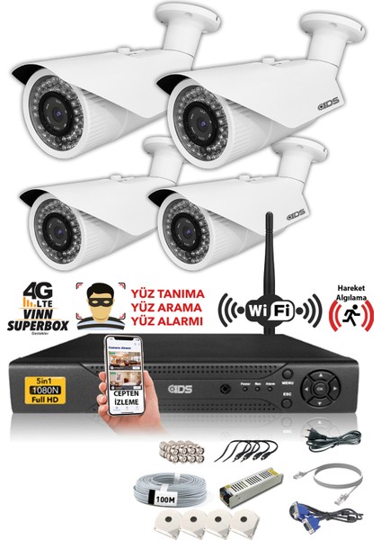- 4 Kameralı 5 Mp Sony Lensli 1080P Full HD Güvenlik Kamerası Sistemi - Hard Disksiz