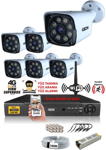 - 6 Kameralı 5mp Sony Lensli 1080P Fullhd Gece Renkli Full Kamera Seti - Su Geçirmez - Cepten İzle