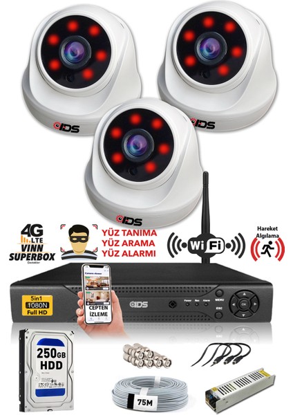 3 Kameralı 5mp Sony Lensli 1080P Fullhd Güvenlik Kamerası Sistemi - Cepten Izle - 250 Iç