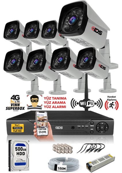 - 8 Kameralı 5 Mp Sony Lensli 1080P Full HD Güvenlik Kamerası Sistemi - Cepten İzle - 500 Dış
