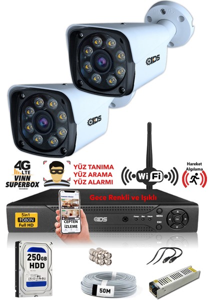 - 2 Kameralı 5mp Sony Lensli 1080P Fullhd Gece Renkli Full Kamera Seti - Su Geçirmez - Cepten İzle