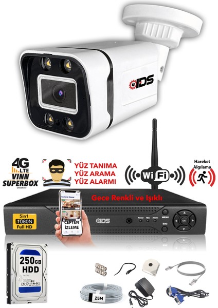 - 1 Kameralı 5mp Sony Lensli 1080P Fullhd Gece Renkli Full Kamera Seti - Su Geçirmez - Cepten İzle