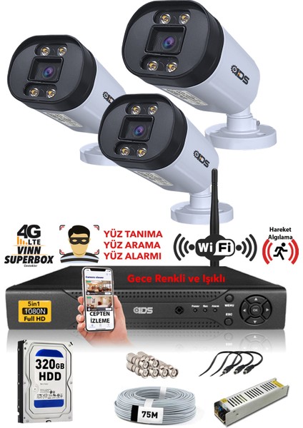 3 Kameralı 5MP Lensli 1080P Full HD Gece Renkli Full Kamera Seti - Su Geçirmez - Cepten İzle