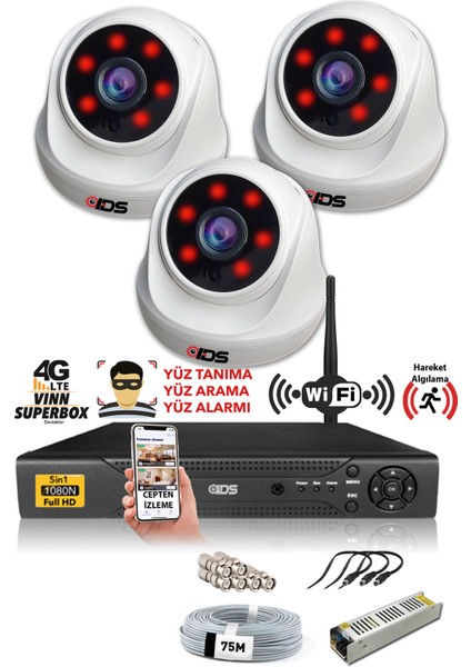 3 Kameralı 5mp Sony Lensli 1080P Fullhd Güvenlik Kamerası Sistemi - Hard Disksiz