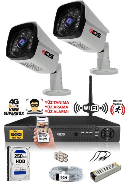 2 Kameralı 5mp Sony Lensli 1080P Fullhd Güvenlik Kamerası Sistemi - Cepten Izle - 250DIŞ