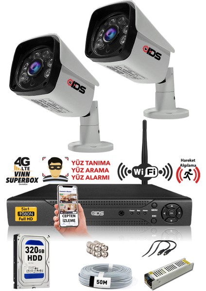 2 Kameralı Set - 5MP Sony Lensli Full HD Gece Görüşlü Güvenlik Kamerası Sistemi 320 Dış