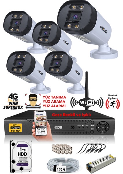 5 Kameralı 5mp Lensli 1080P Fullhd Gece Renkli Full Kamera Seti - Su Geçirmez - Cepten Izle