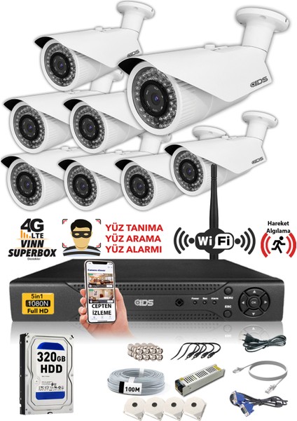 - 8 Kameralı 5 Mp Sony Lensli 1080P Full HD Güvenlik Kamerası Sistemi - Cepten İzle - 320 Dış