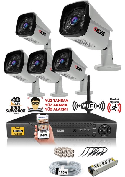 - 5 Kameralı 5 Mp Sony Lensli 1080P Full HD Güvenlik Kamerası Sistemi - Hard Disksiz