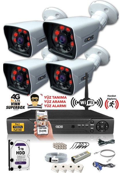 - 4 Kameralı 5 Mp Sony Lensli 1080P Full HD Güvenlik Kamerası Sistemi - Cepten İzle - 1 TB Dış